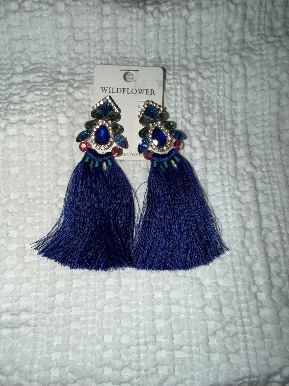 Wildflower Navy Blue Tassel Earrings with Crystal Embellishments
